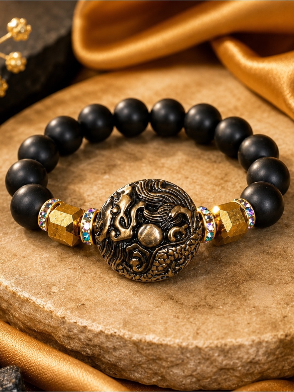 Black Beaded Bracelet with Carved Centerpiece